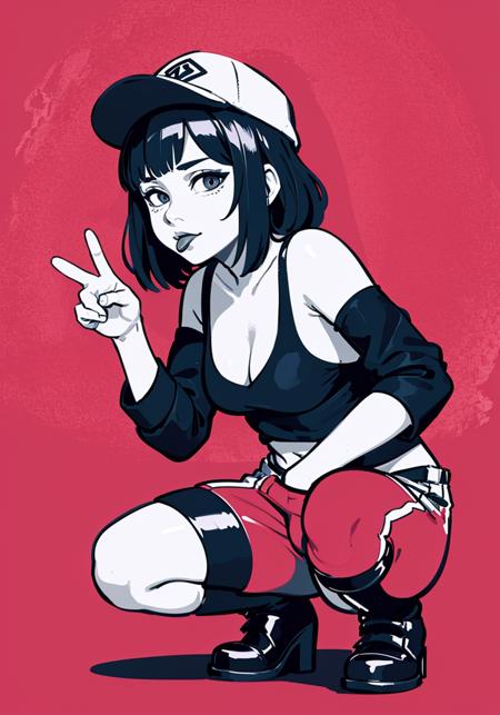 193256-2464377332-Monochrome, red background, a girl, duck tongue cap, navel exposed outfit, hot pants, hippie style, rock, squat, bow, Winner ges.png